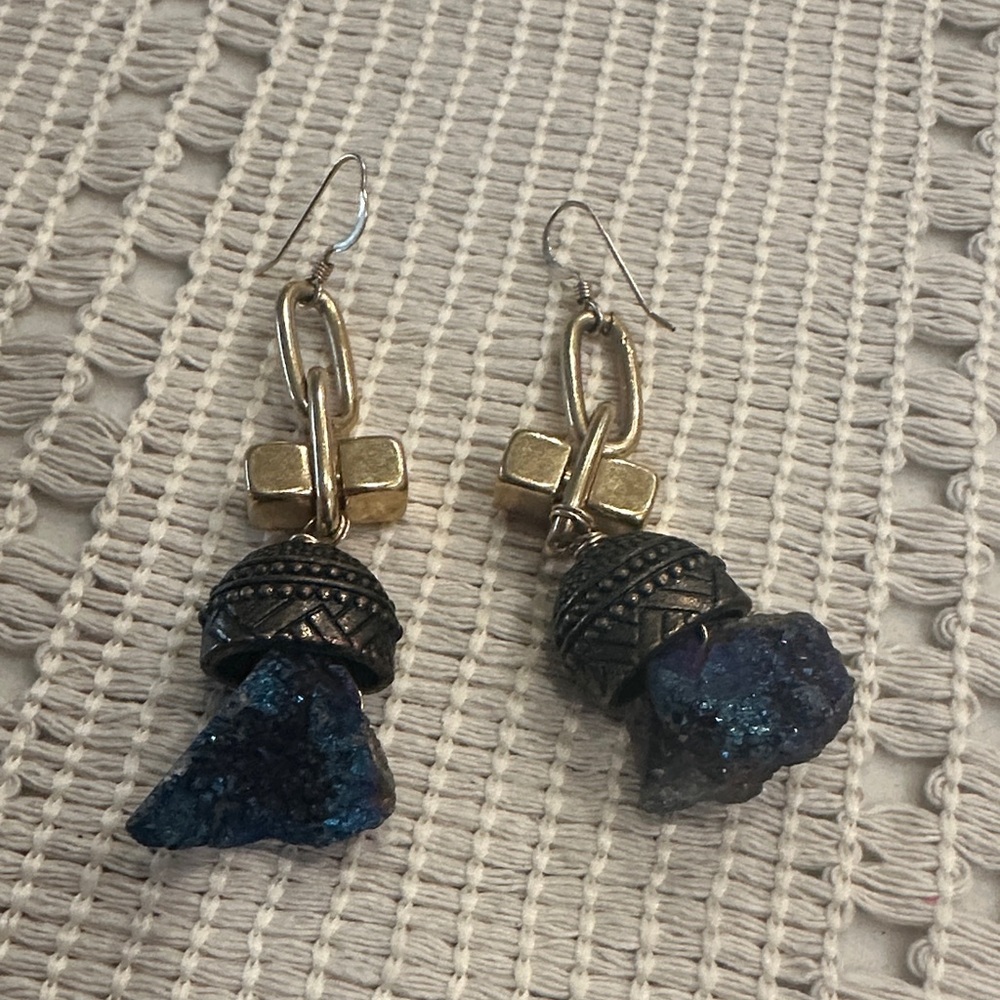 Gold and Blue Stone Dangle Earrings